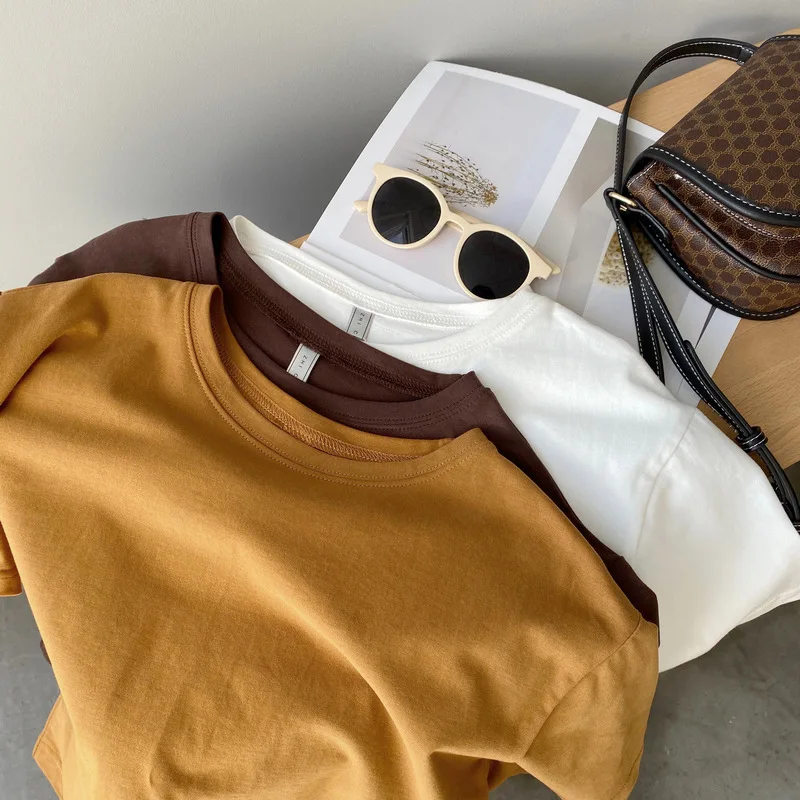 Mooirue Spring Cotton Women T Shirt Short Sleeve Brown Orange Simple Basic Tee Shirt Tops