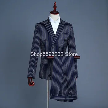 

Men Suit Dress Stage Performance Shadow Landlord Title Suit Performance Host Navy Blue White Stripes Waistcoat Three-piece Set