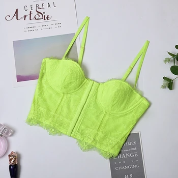 

ArtSu Neon Yellow Pink Sexy Lace Floral Push Up Crop Top Bustier Spaghetti Straps Bralette Tank Top Bodycon Cropped ASVE60606