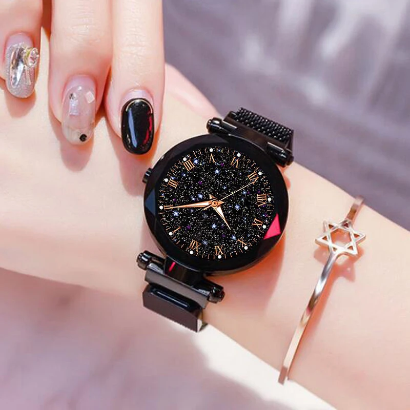 Relojes de pulsera de lujo con cielo estrellado para mujer, reloj de cuarzo con hebilla magnética, superficie geométrica, luminoso - Imagen 3
