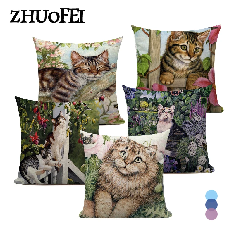 Lovely Cat Sleeping in the Garden Colorful Pillowcase Funny Animal Linen Cushion Cover Home Decor Seat Throw Pillow Covers C0042 | Дом и сад