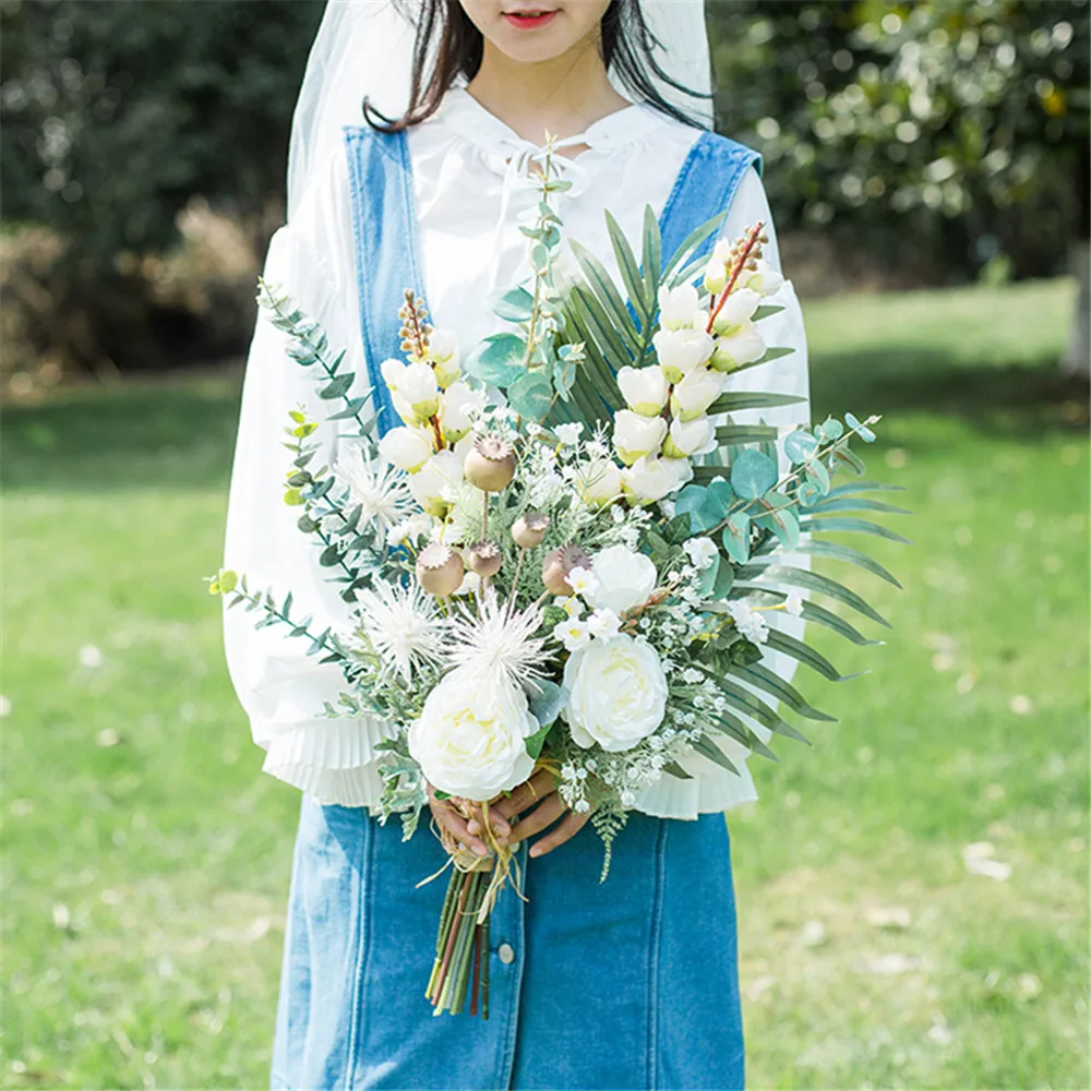 

SESTHFAR French Style Artificial Flower Bridal Bouquet Artificial Silk Flower And Berry Mixed Bouquet Wedding For Bride