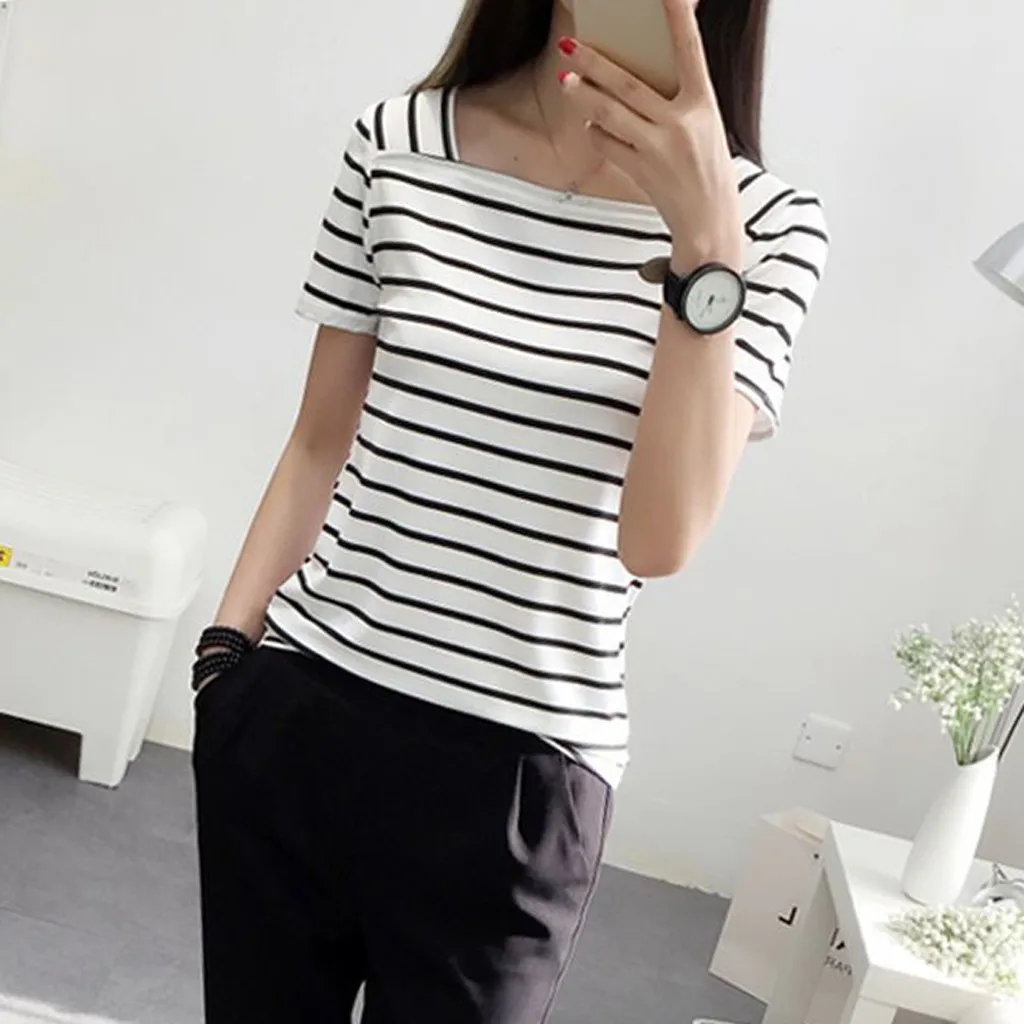Красивая летняя полосатая VogueTshirt для женщин с коротким рукавом, Облегающая рубашка с квадратным вырезом, женская уличная одежда