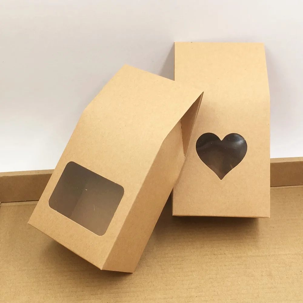 

Standing Up Cardboard Paper Box With PVC Small Heart Shape Window Engagement Favor Brown Blank Paper Cases Bags Boxes 50Pcs/Lot