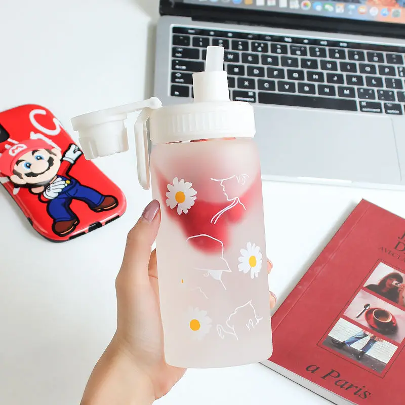 500ml Kawaii Small Daisies Milk Water Bottle With Straw Portable Leakproof Frosted Glass Fashion Cute Drinking Coffee Cup