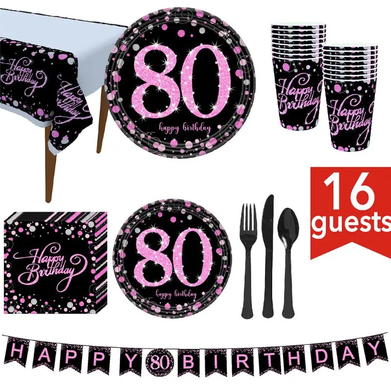21th/30th/40th/50th/60th/70th/80th принадлежности для дня рождения 114 шт черный и золотой баннер одноразовые скатерти бумажные тарелки - Цвет: 80th-Pink