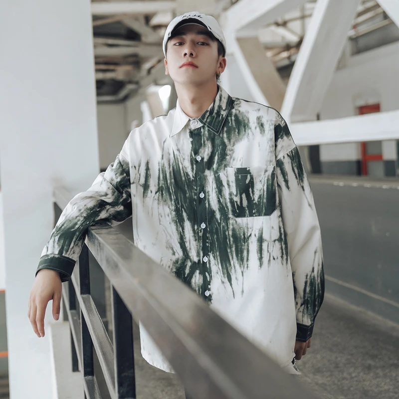 Camo рубашка Мужская модная моющаяся галстук краситель печати Повседневная рубашка Мужская Уличная Джокер хип хоп Свободная рубашка с длинными рукавами мужская одежда