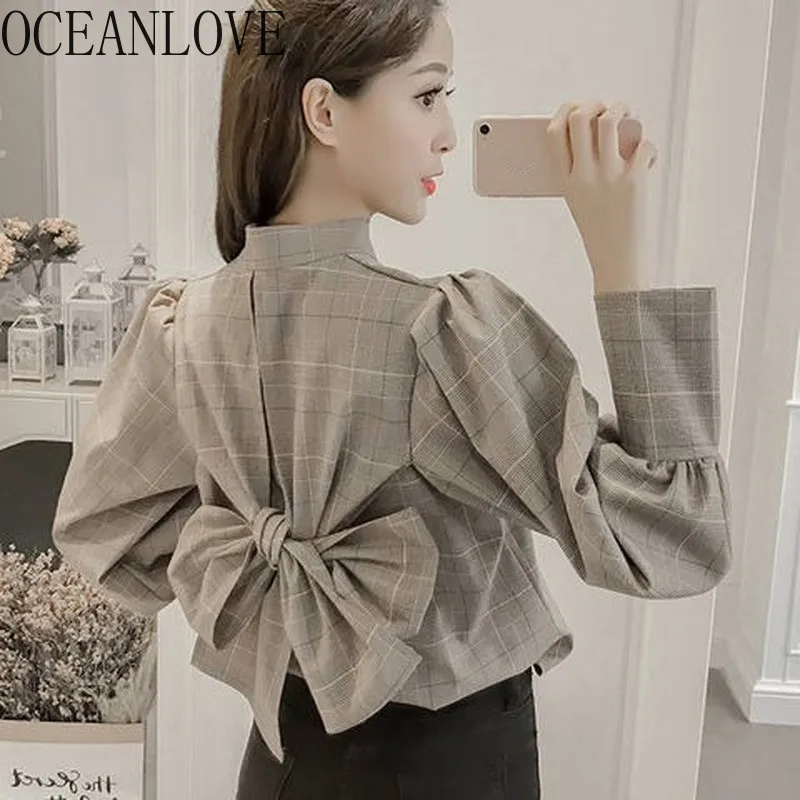 

OCEANLOVE Women Shirts Plaid Back Bow Vintage 2020 Spring Short Blouses Stand Collar Korean Ladies Blusas Fashion Student 14052