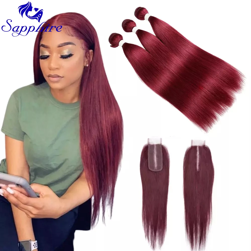 99J Burgundy Red Human Hair Bundles With Closure Brown 2# 4# 3 Bundles With  2x4 Lace Closure Brazilian Straight Remy Human Hair|3/4 Bundles with  Closure| - AliExpress