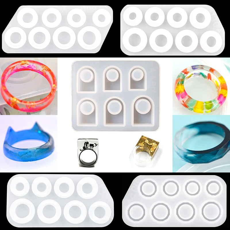 Five Pcs Ring Resin Mold Silicone Set Flat Cat's Ear Arc Multi-Faceted Hole Rings Moule Resine Epoxy For Jewelry Making Handmade y51e five petals flower art decorations epoxy resin mold ornaments silicone mould diy crafts jewelry casting tools