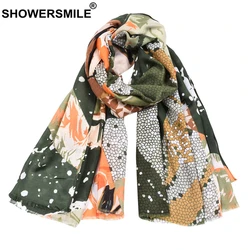 SHOWERSMILE Women Scarf Army Green Cotton Linen Geometric Print Ladies Shawl Holiday 2021 New Spring Autumn Female Pashmina