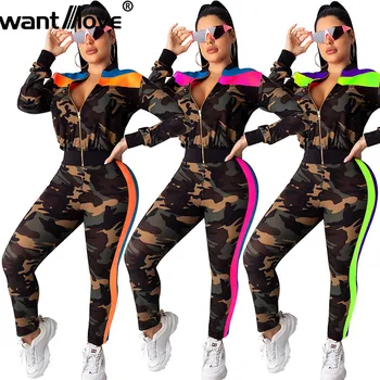 

Wantmove winter 2 pieces outfit 2019 new stripe camouflage sweatshirt slim pants casual women 2 pieces WM945