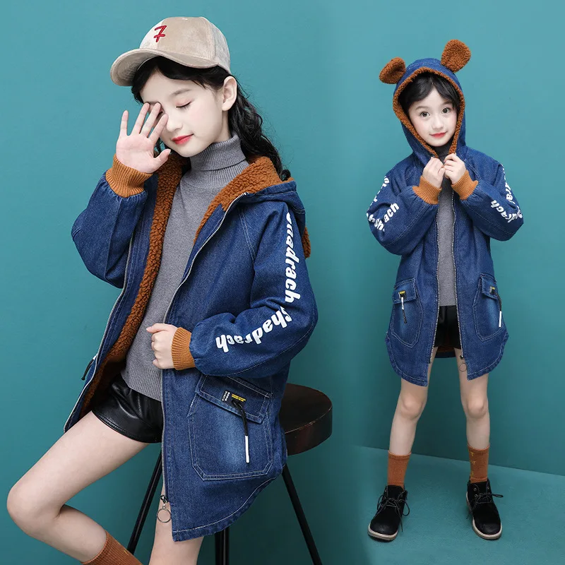 fleece thickening cute ear hooded girls denim jacket long kids jean coat warm winter spring fall children's clothing