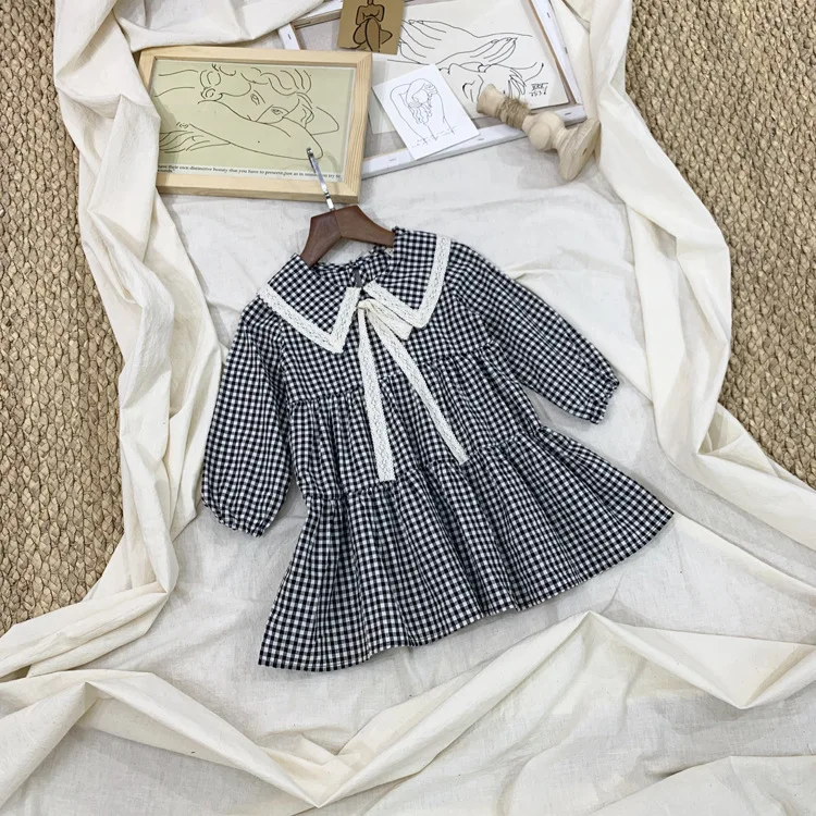 girl plaid dress fall cotton lace kids Long sleeve dresses sweet children princess dress Children clothes wholesale