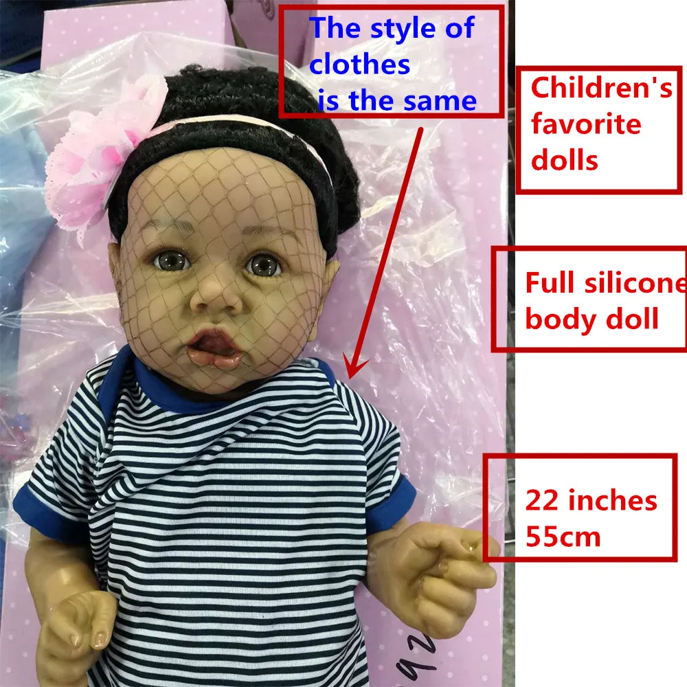 Reborn Baby Dolls 22 ''черная кожа Девочка Кукла Новорожденный реалистичный стиль жизни малыша куклы мягкий полный силикон с кривым ртом кукла