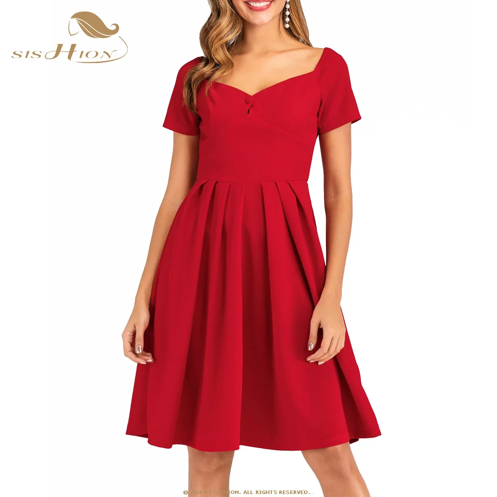 Красный SISHION элегантный Для женщин красное платье VD1272 женские короткий рукав с квадратным вырезом Летние Плиссированные Винтаж вечерние платья - Цвет: Красный