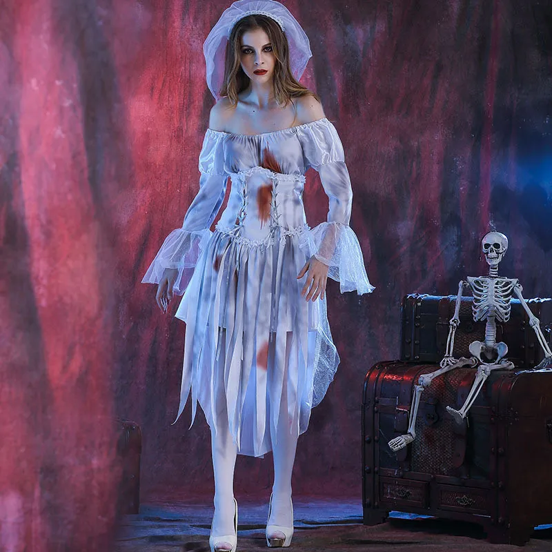 

2019 New Halloween Ghost Bride Costume Bloody Horror Cosplay Role Playing Zombie Game Show White Party Play Uniform Natural