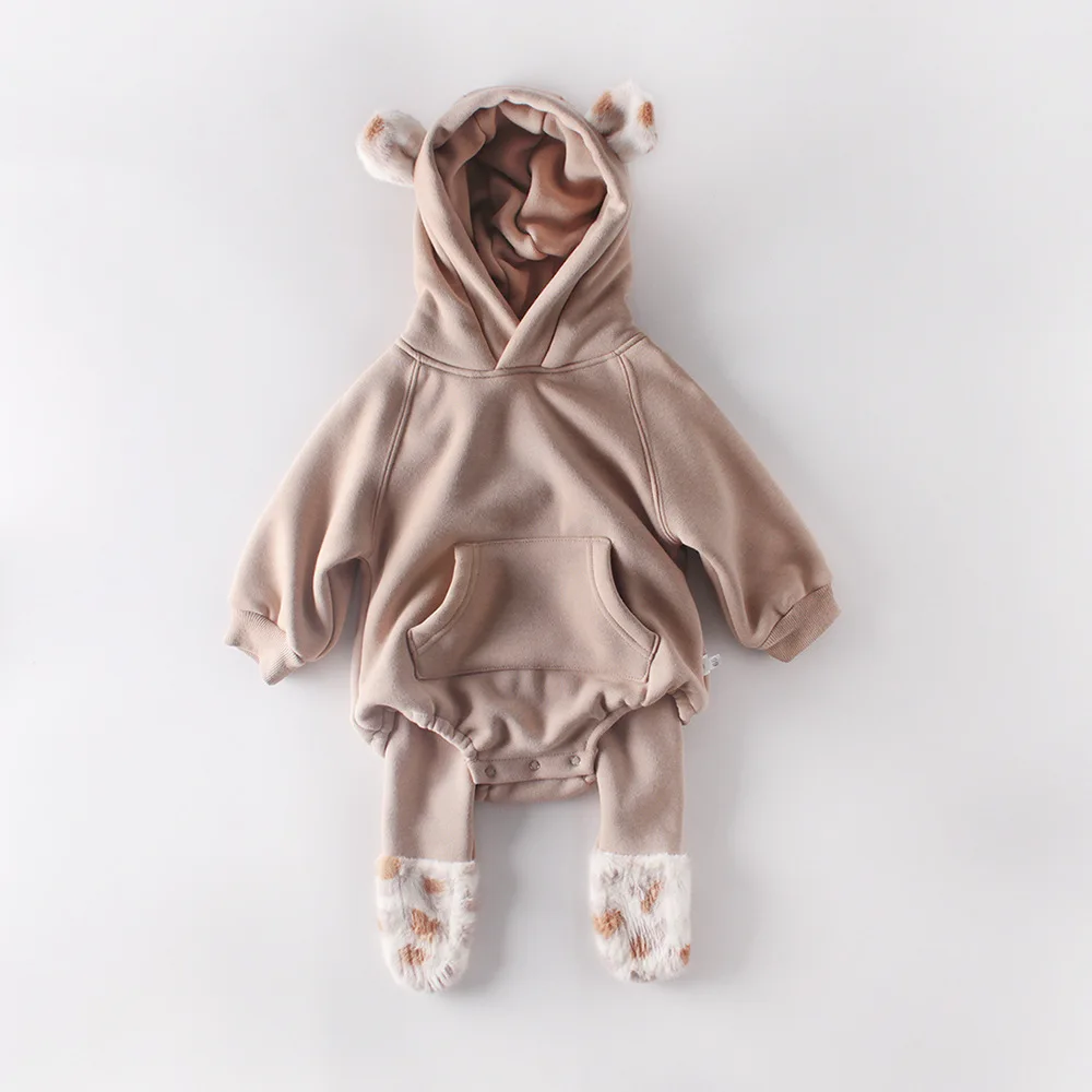 Боди для новорожденных мальчиков и девочек; одежда с рисунком медведя; комбинезон с капюшоном; Creeper с плюшевой подкладкой; милый детский комбинезон; зимняя одежда для малышей