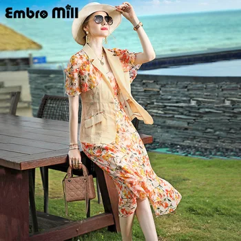 

2 Piece Set Women New Summer Short-Sleeved small suit Jacket + Sleeveless Print Dress Two-Piece Suit S-XL