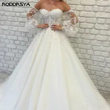 

RODDRSYA Sweetheart Tulle Wedding Dresses Off Shoulder Lace Up Appliqued Beaded Vestido De Noiva 2021 Puffed sleeves Lace Bridal