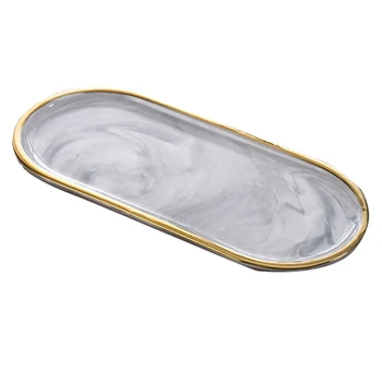 

Nordic Style Gold-Plated Oval Plate Creative Ceramic Plate Marbled Western Dish Snack Plate Cake Storage Tray Jewelry Tray Decor