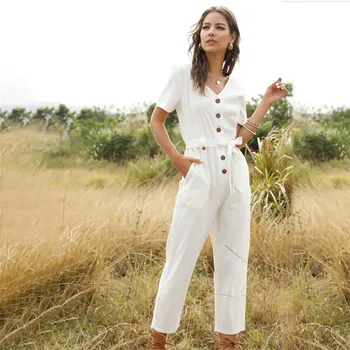 

2020 Elegant Arrival Fashion Spring Summer V Neck Buttons Short Sleeve Long Pants Rompers Casual Bodysuit Women Jumpsuit