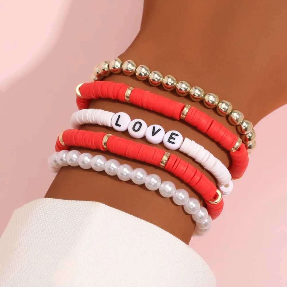5pcs Bohemian Ethnic Bracelet Multicolor Polymer Clay Beads Bracelet Women  Fashion Jewelry Letters Pearl Beads Couples