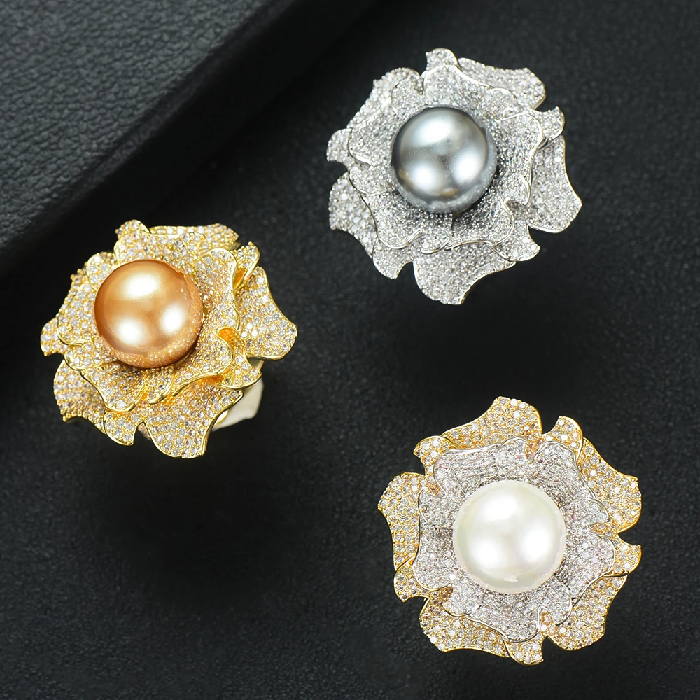 LARRAURI Brand Romantic Cubic Zircon Bridal Wedding Rings Pearl Flower Rings for Women Fashion Jewelry Anniversary