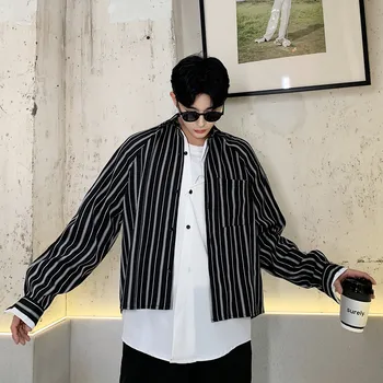 

New Male Streetwear Hip Hop Shirt Coat Outerwear Men Stripe Splice White Casual Long Sleeve Shirt Style Jacket