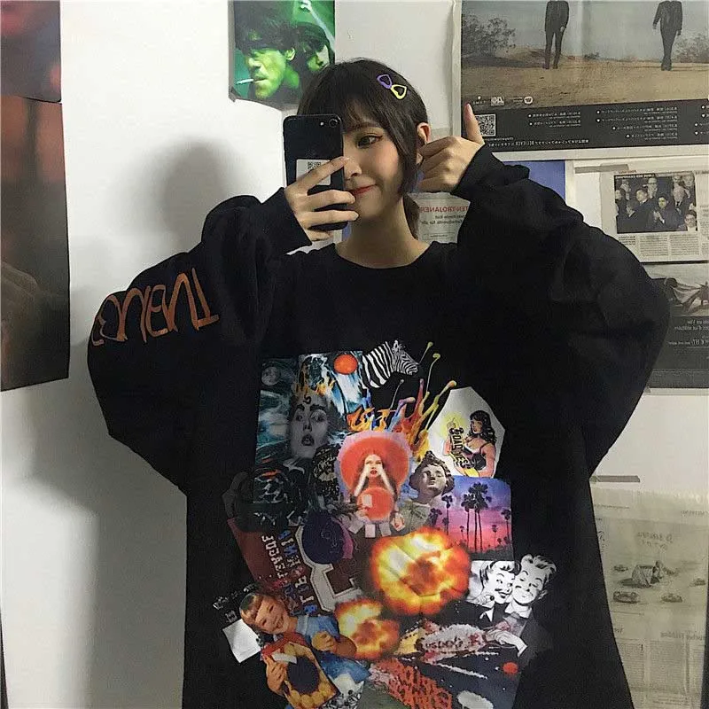 Black NiceMix Harajuku стиль постер граффити печати толстовки осень уличная Свободный пуловер с длинными рукавами тонкая толстовка женская одежда - Color: Black