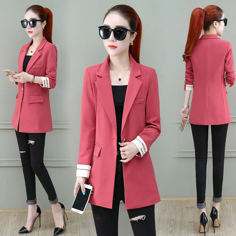 

Solid Color 2019 Autumn Europe And America WOMEN'S Dress Loose-Fit Suit Jacket Black And White with Pattern Small Suit Coat Wome