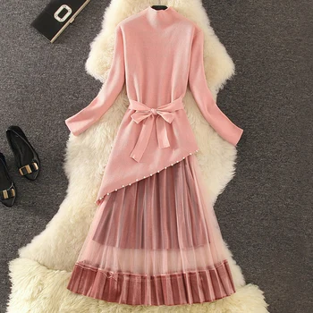 

fashion design women dress sets irregular knitted slim sweater and pleated solid A-line skirts female skirts suits top quality