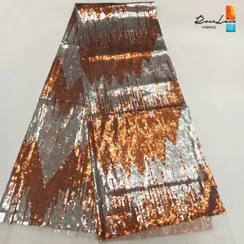 

Orange And Silvery Sequined Party Dress Fabrics 2019 BlingBling Sequins Mesh Material Nigerian Senegal Tulle Voile Lace Sewing