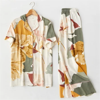 

2020 Cotton Floral Printing Pajamas Long Sleeve Pyjamas Women V-Neck Sexy Pijama Mujer Loungewear Home Clothes Sleep Set H887