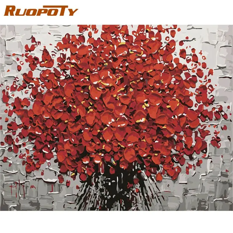 RUOPOTY Frame Red Flower DIY Painting By Numbers Hand Painted Acrylic