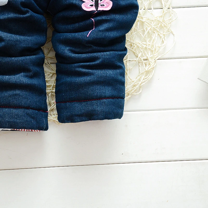 Новые зимние комбинезоны для девочек Детские хлопковые джинсовые комбинезоны с рисунками плотные теплые брюки для маленьких девочек, штаны для малышей
