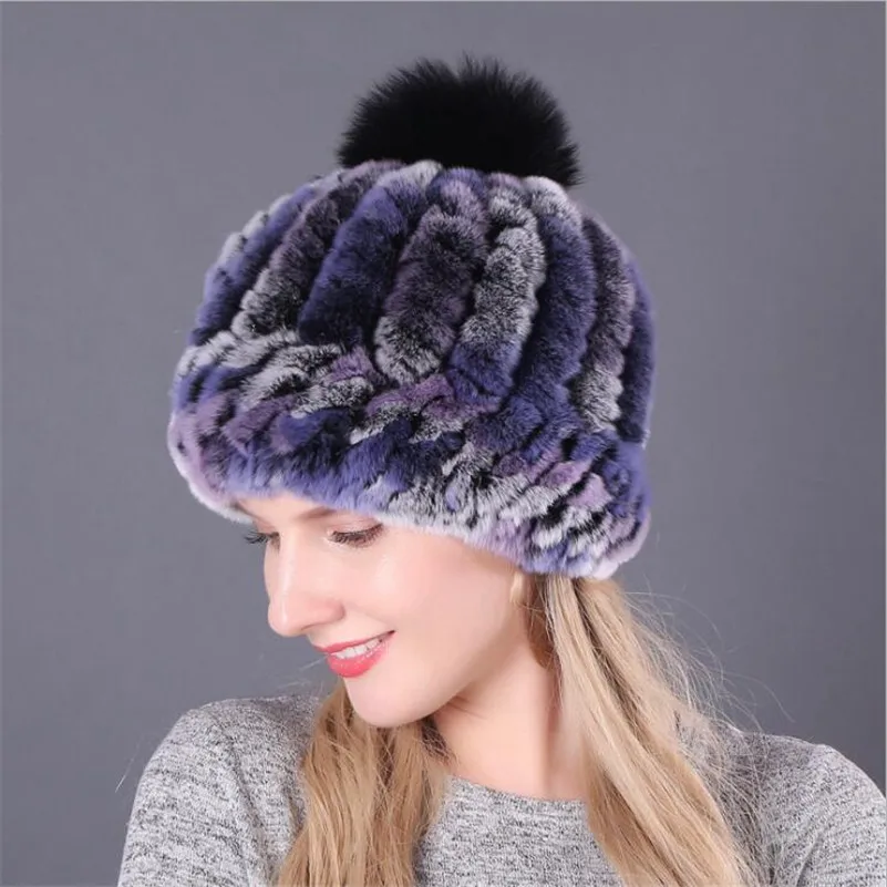 Зимние шапки для женщин, модные Серые толстые теплые вязаные шапки с натуральным кроличьим лисьим мехом, шапки с помпонами, аксессуары для девочек, шапки Skullies