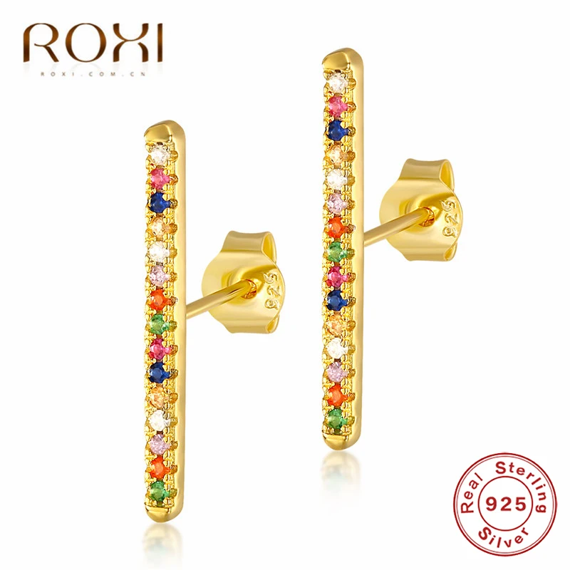 

ROXI Simple Design 925 Sterling Silver Flat Bar Stud Earrings For Women Multicolor CZ Mini Zircon Geometric Earring Small Brinco