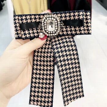 

Korean Girl Vintage Student British Houndstooth Rhinestone Bow Tie for Fashion Adult Women Simple Clothes Shirt Accessories