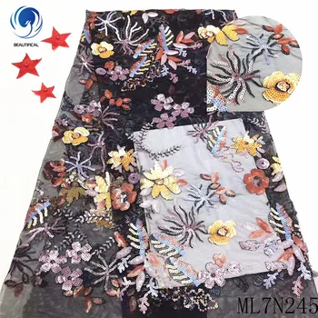 

Beautifical african lace fabrics embroidery flowers net lace fabric for dress New arrival nigerian lace sequins fabric ML7N245