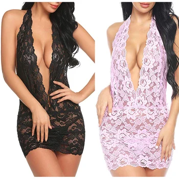 

Women Lace Lingerie Nightwear Underwear Babydoll Sleepwear Deep V Neck Hollow out Nightdress hh88