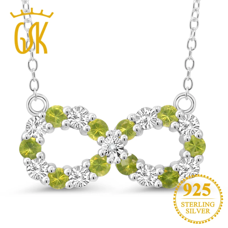 Драгоценный камень круглый натуральный Перидот & белый алмаз акцент ожерелье с