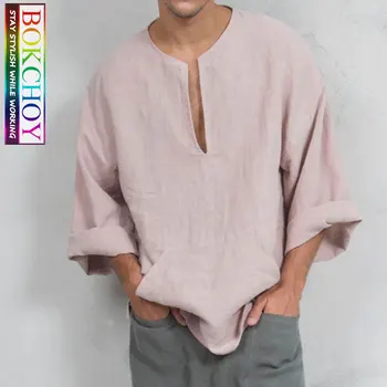 

New Flare Sleeve Men Casual Shirts Deep V Collar Shirt Mens Shirts Linen Home Shirts