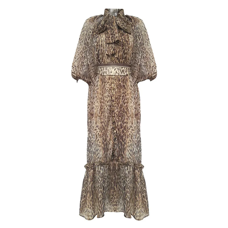 ZIM осень, новые модные женские платья с леопардовым принтом, длинное платье с воротником-бабочкой, женские платья с длинным рукавом и фонариком