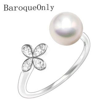 

BaroqueOnly Natural freshwater pearl ring jewelry 925 sterling silver adjustable zircon inlaid fashion rings for women RBB