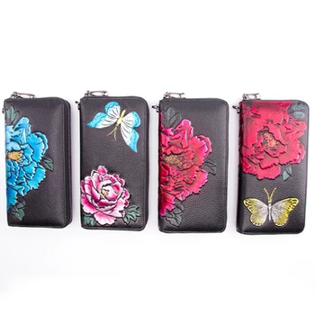 

Fashion Embossing Butterfly/Peony Floral Zipper Long Wallet For Credit Card Vintage Genuine Leather Women Designer Clutch Purse