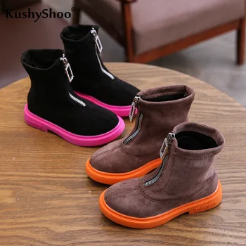 

Kushyshoo Winter Boots 2020 Fashion Thin Velvet Front Zipper Flock Boots Thick Bottom Waterproof Non-slip Patchcolor Kids Shoes