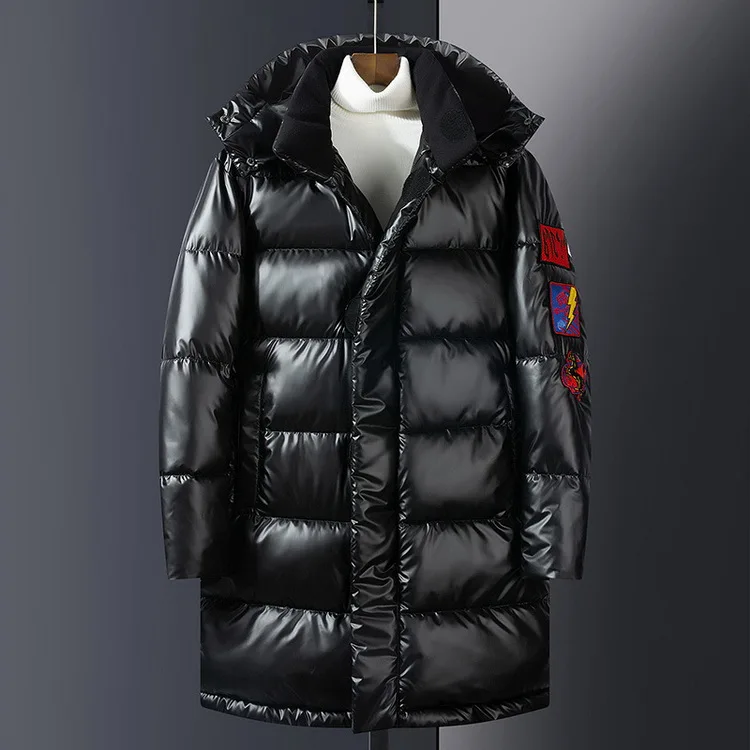 Модные мужские серебристые блестящие хип-хоп куртки и пальто, теплая Глянцевая верхняя одежда, утолщенное пальто с капюшоном, длинная уличная одежда, новинка, GA519