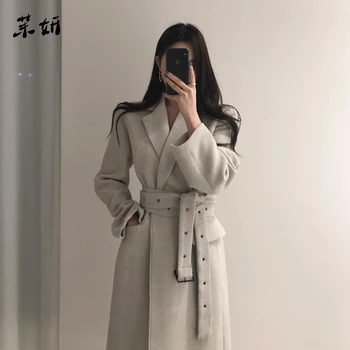 

qulity High Woman Coats Winter Wool Long Coat With belt Office Lady Fashion lace Up Coats Outerwear