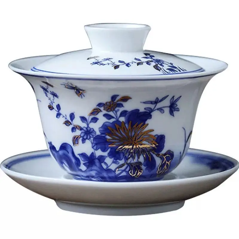 Gongfu Tea Set Ceramic San Cai Gai Wan China Handmade Tea Cups Gaiwan Tureen Hand-painted Bowls